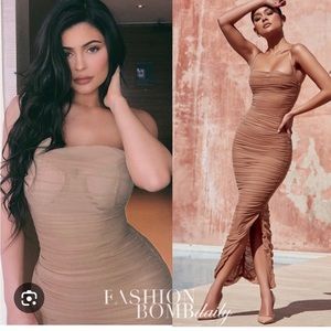 House of CB tan Fornarina organza mesh maxi dress